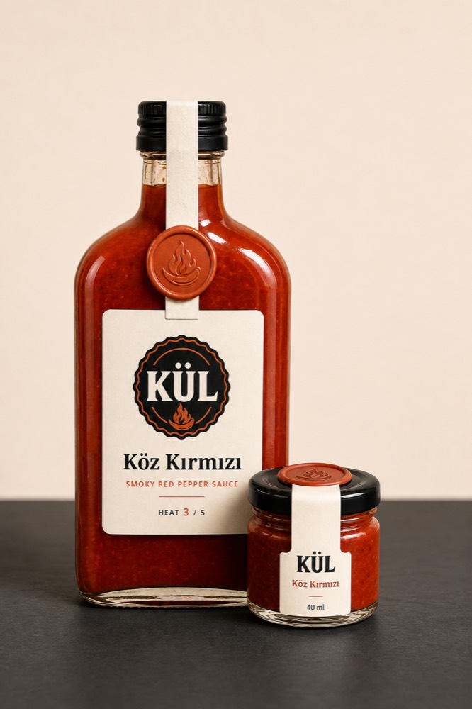 Kül Köz Kırmızı közlenmiş kırmızı biber sosu şişesi ve yanında 40 ml numune kavanozu; ikisi de mühürlü, koyu bir yüzeyin üzerinde.